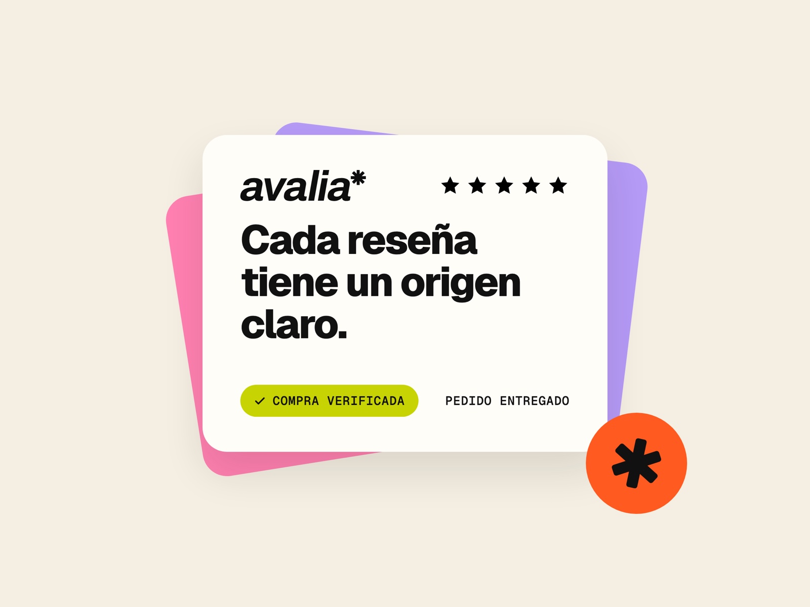 Avalia key visual: a verified review card with the wordmark, five stars and a Compra verificada label