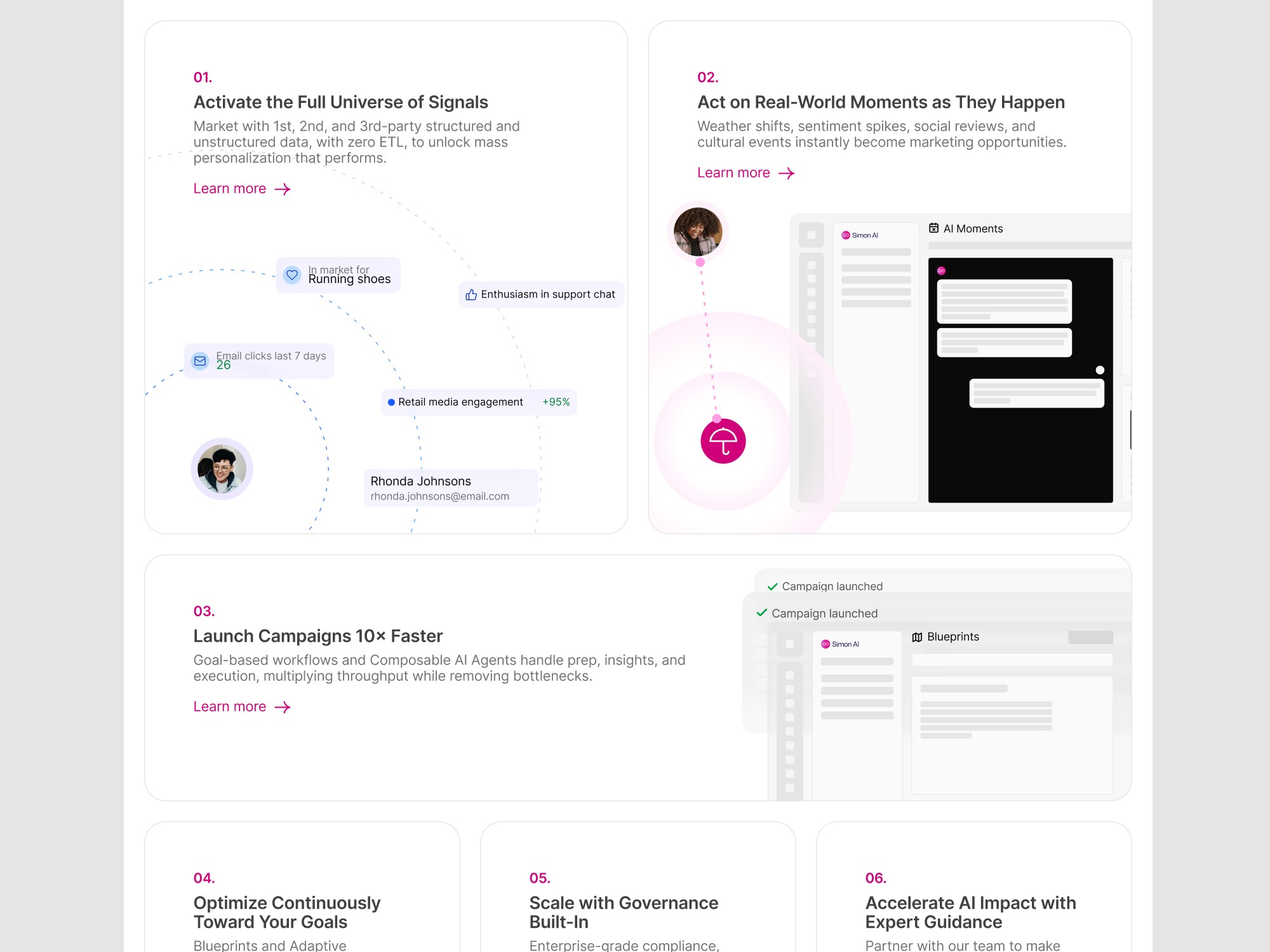 Simon AI feature cards and visual components
